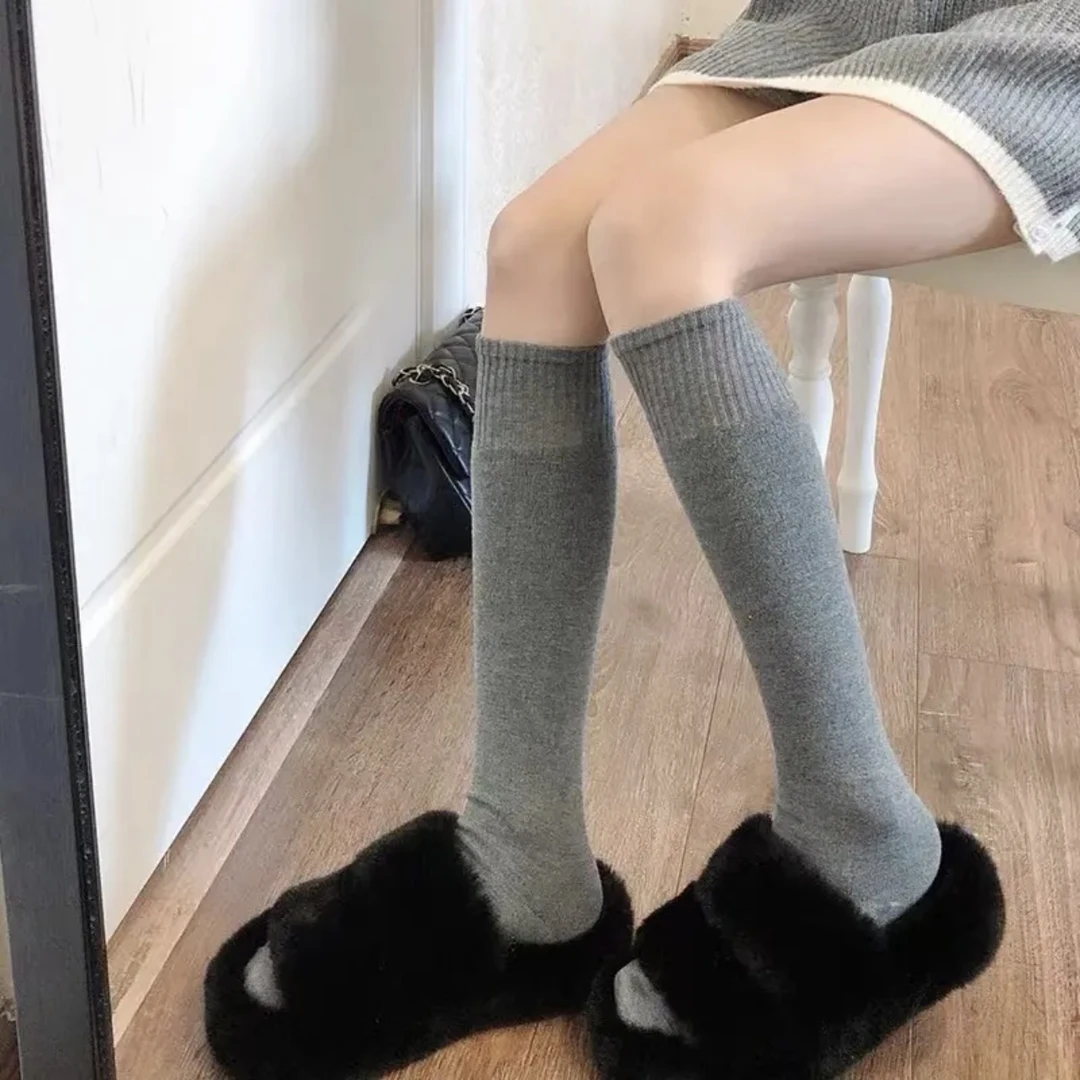 咩咩软糯奶白色小腿袜加绒秋冬加厚保暖纯欲jk少女百搭竖条纹