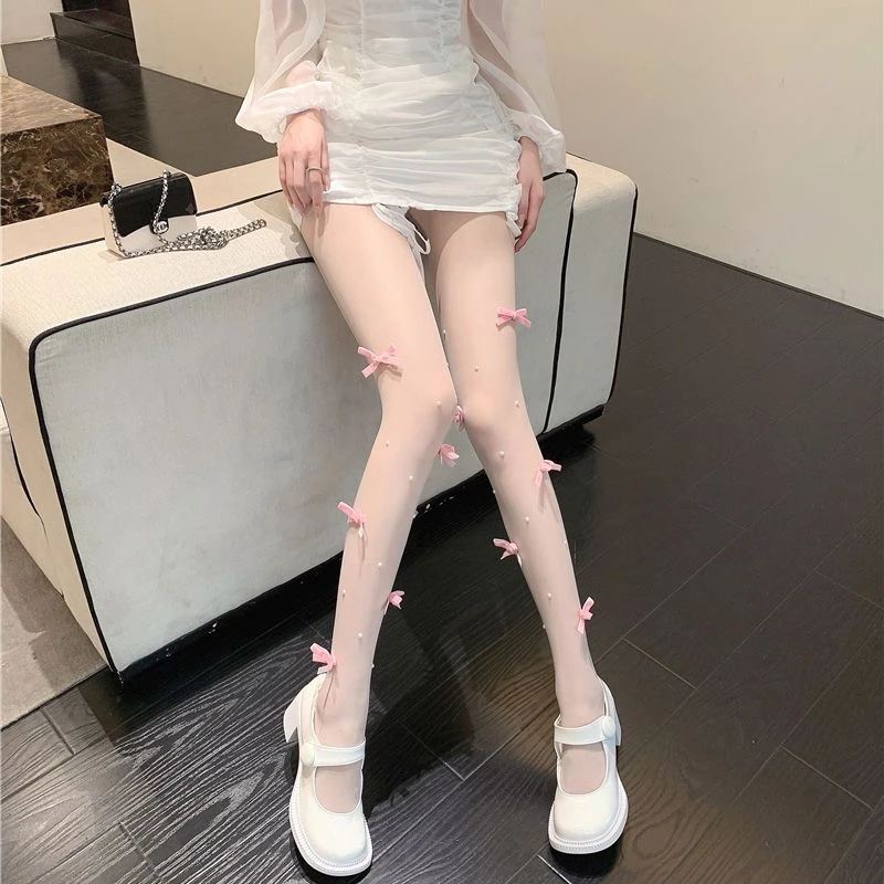 奶白色丝袜女夏季薄款日系蝴蝶结纯欲风珍珠小众设计洛丽塔连裤袜