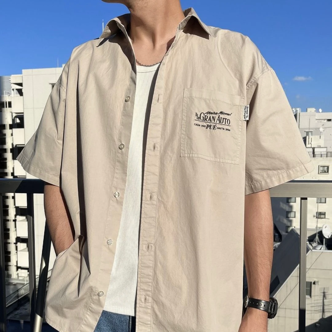日单！水洗棉重工刺绣廓形半袖衬衫男士纯棉短袖OVERSIZE宽松衬衣