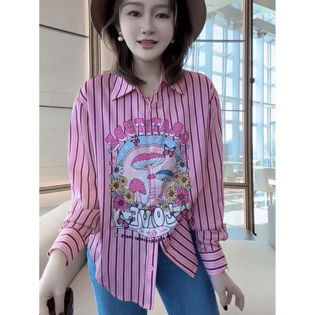 【丝芙玉禄】（F248）桑蚕丝弹力缎长袖竖条纹卡通桑蚕丝衬衫