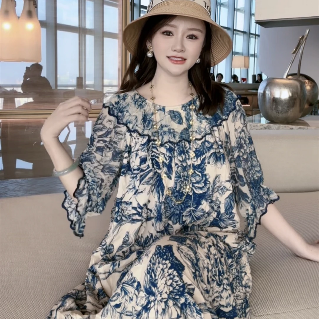 【深圳南油】（E357）新款高端显瘦复古青花瓷印花减龄桑蚕丝连衣裙