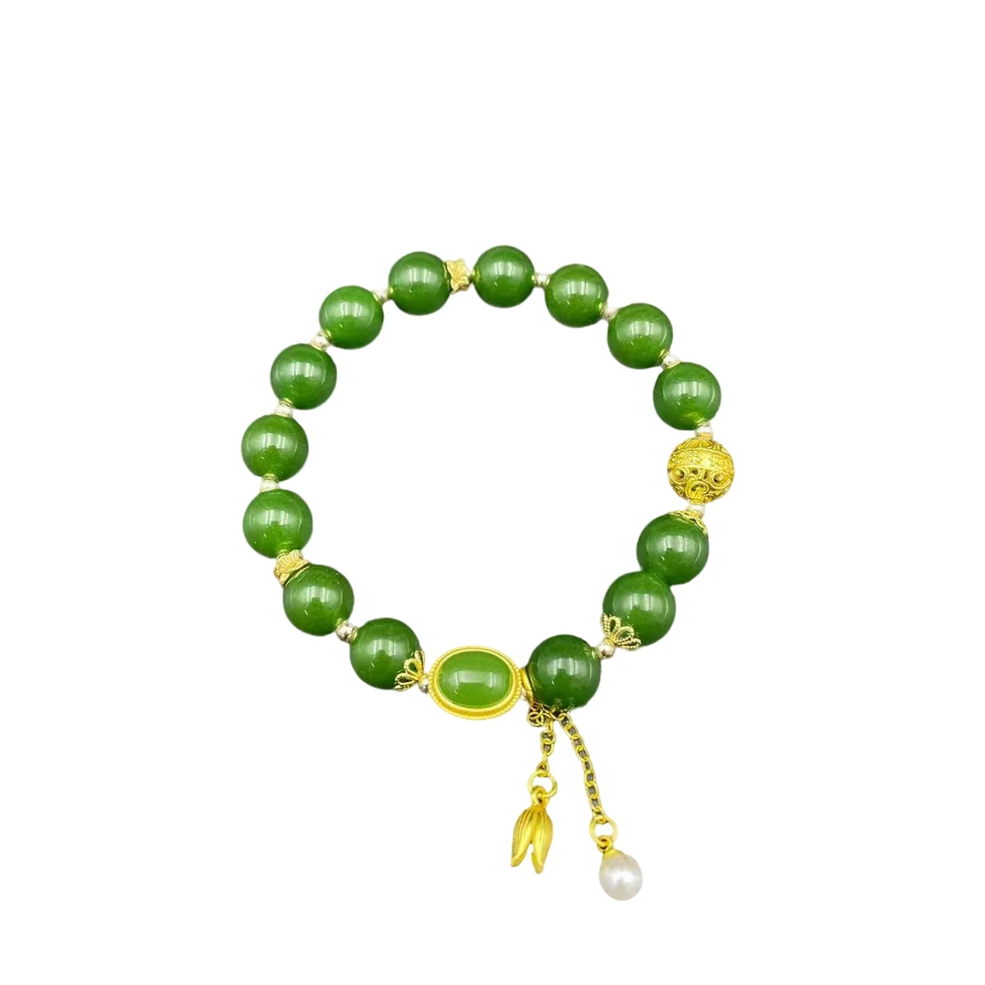 精选菠菜绿珠珠手链石英质玉-s942合金
