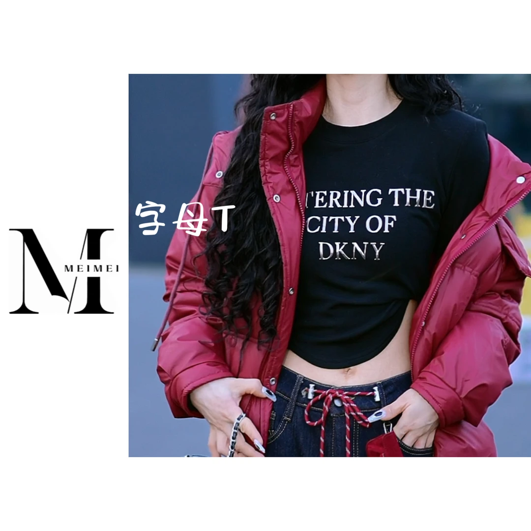 时尚休闲圆领套头贴标字母短款长袖T恤