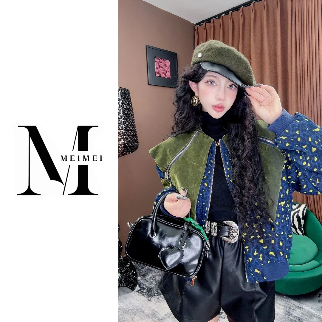 美美私服定制·秋冬绿色设计师潮流时尚重工绿豹纹翻领外套S5830