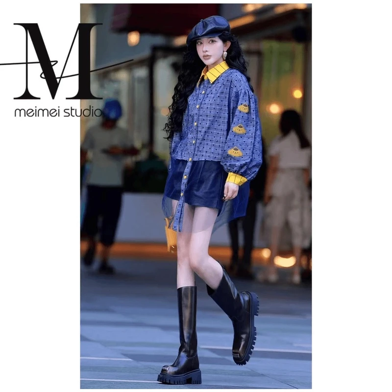 新款时尚百搭小众 翻领拼纱衬衣长袖格子衬衫春秋显瘦气质小个子