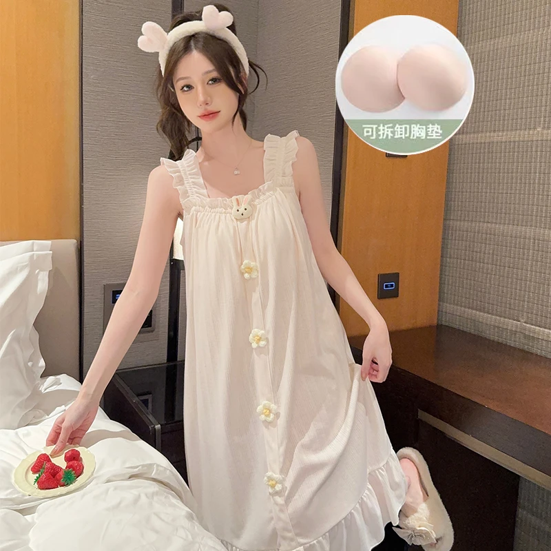 可爱兔子睡裙女夏季新款吊带裙带胸垫可拆卸宽松睡裙甜美可爱睡裙