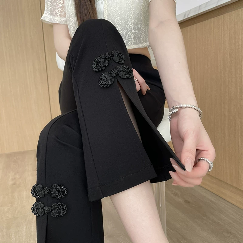 大码黑色新中式国风微喇叭裤女春秋新款胖mm高腰显瘦九分西装裤子