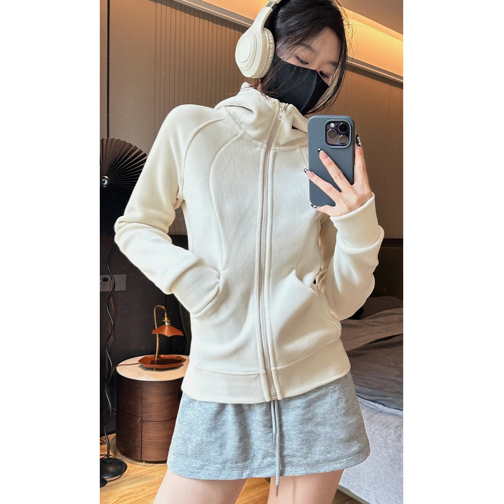 连帽卫衣女加绒加厚奥粒绒2023秋冬新款美式运动显瘦修身保暖外套