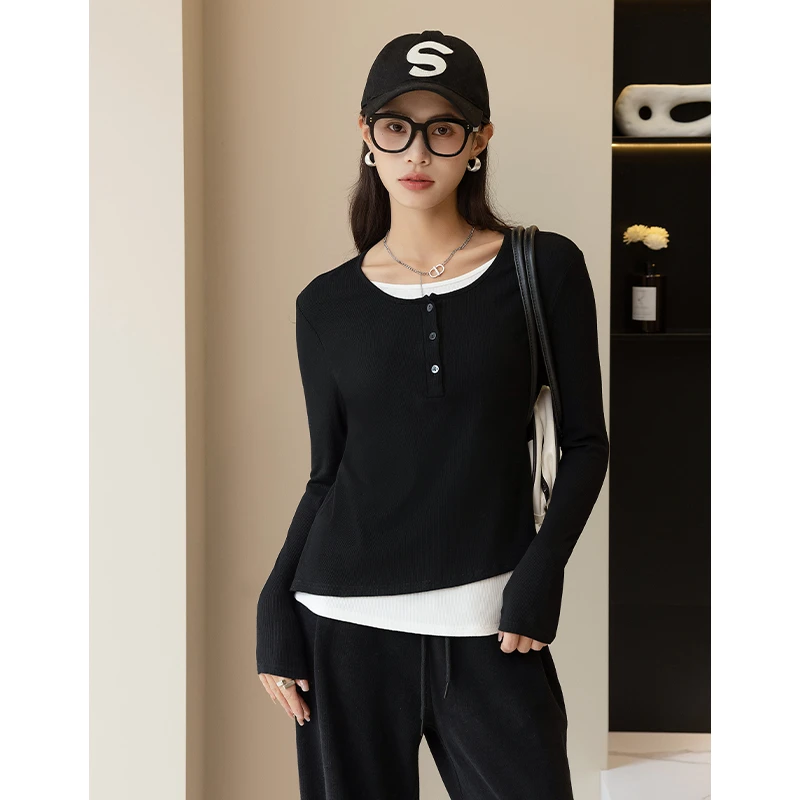 假两件2023秋冬时尚修身长袖百搭显瘦黑色薄款针织782