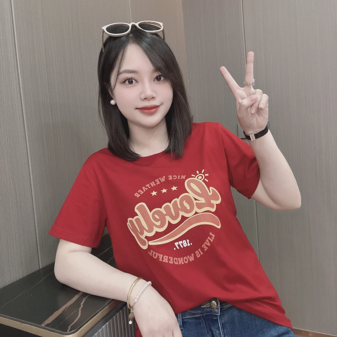 御妍婷1877小太阳时尚短袖显瘦正肩圆领T恤百搭休闲红色上衣