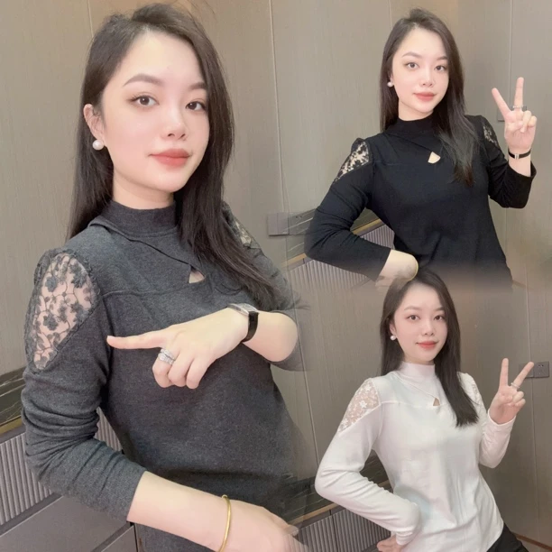 御妍婷8237气质蕾丝镂空打底衫显瘦正肩磨毛圆领女款百搭长袖衣服