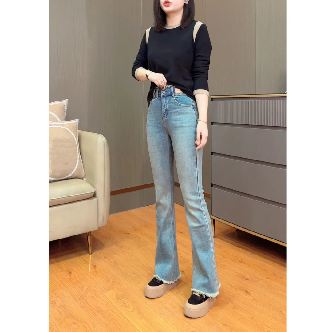 御妍婷52102中腰喇叭裤显瘦弹力牛仔裤时尚百搭长裤