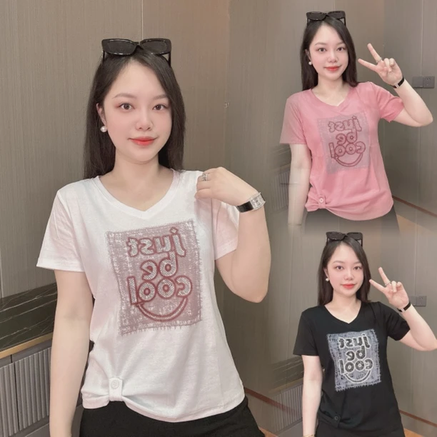御妍婷V领亮钻短袖显瘦弹力t恤女正肩时尚百搭不规则新款上衣1017