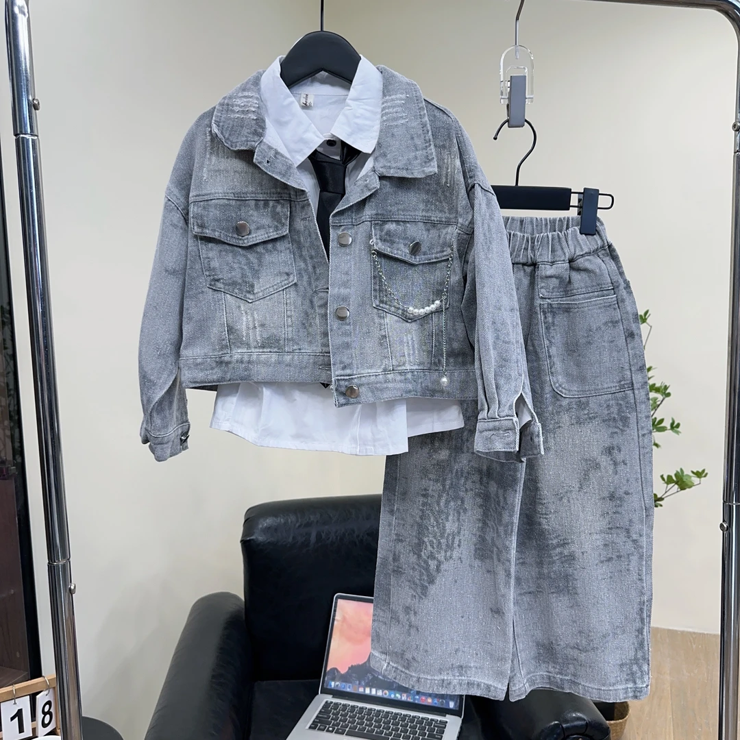 女童春秋牛仔套装2024新款童装长裤外套子女孩洋气潮牌三件套