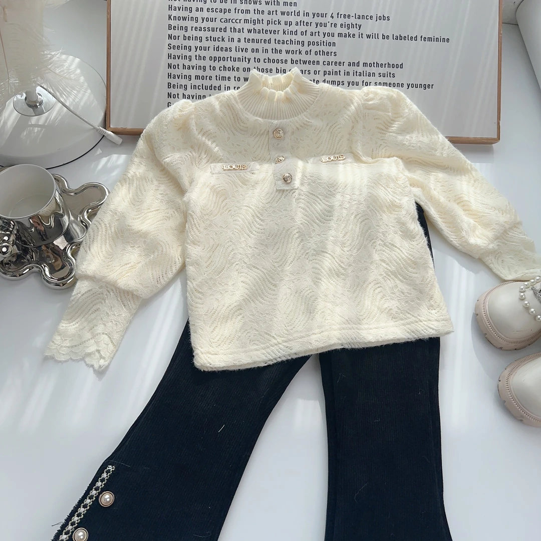 女童加绒打底衫儿童洋气米色半高领长袖蕾丝衫冬季韩版时尚