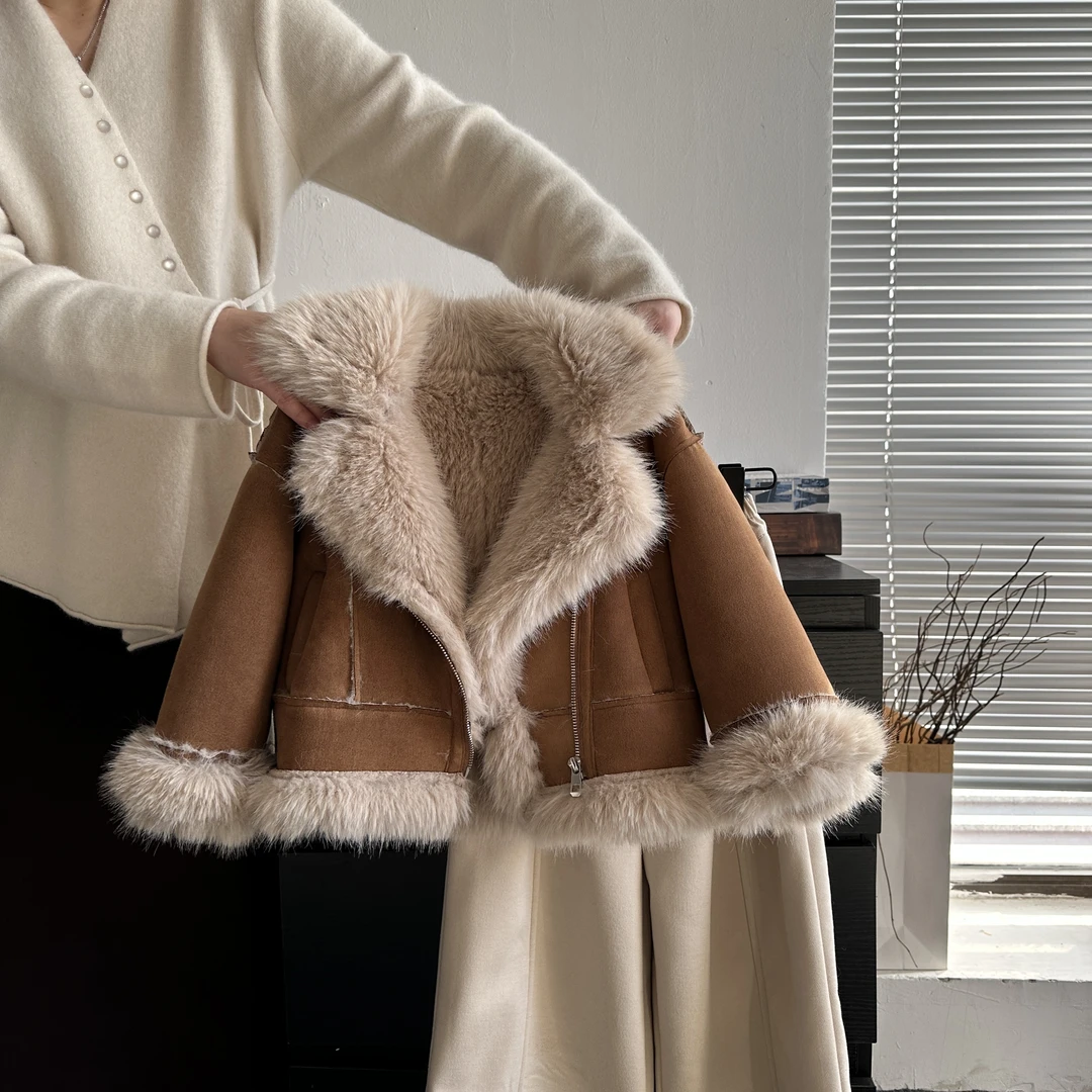 女童冬季毛毛外套复古机车服短款韩版加绒加厚上衣