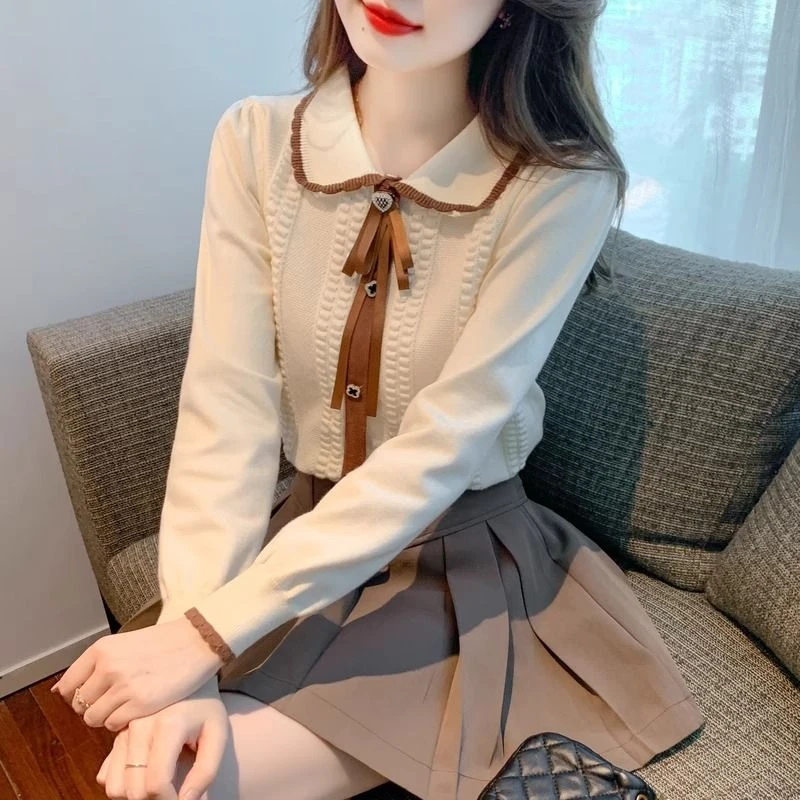 2023新款秋冬百搭花边娃娃领针织打底衫女时尚蝴蝶结气质毛衣上衣