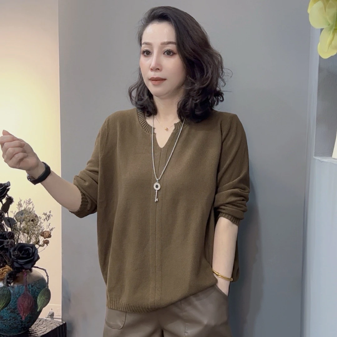 【现货现发】2026春季新款剪刀领长袖上衣纯色百搭经典显瘦宽松