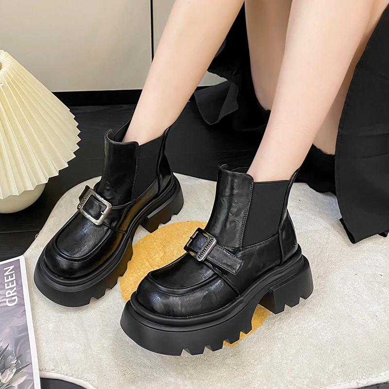 欧货高帮乐福鞋2024年秋冬新款英伦风超轻厚底加绒切尔西短筒女烟