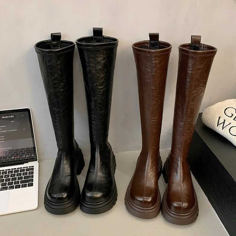 黑色厚底骑士靴女2024春秋季新款英伦风粗跟瘦瘦靴高筒不过膝长靴
