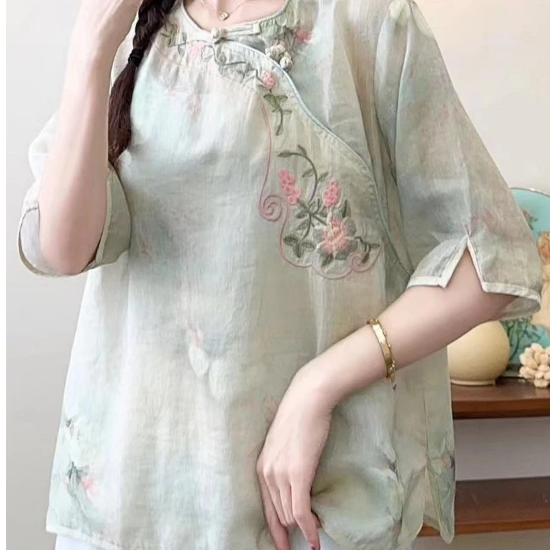【念苏】新中式国风复古文艺盘扣苎麻绣花衬衫宽松显瘦百搭上衣女装
