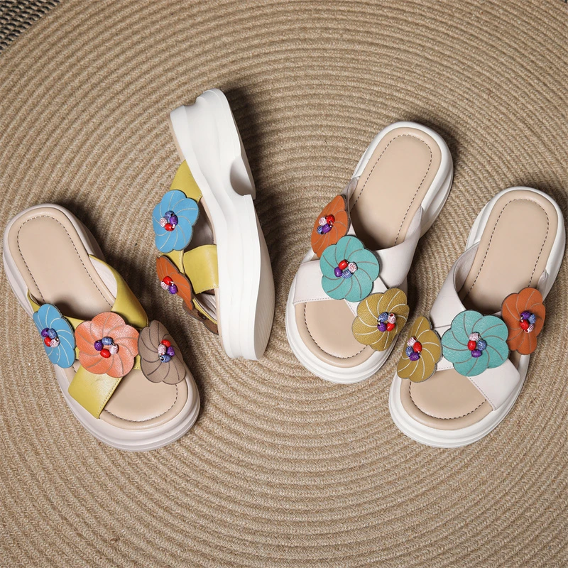 真皮花朵凉拖女夏外穿松糕厚底时尚拼色民族风复古沙滩拖鞋28613