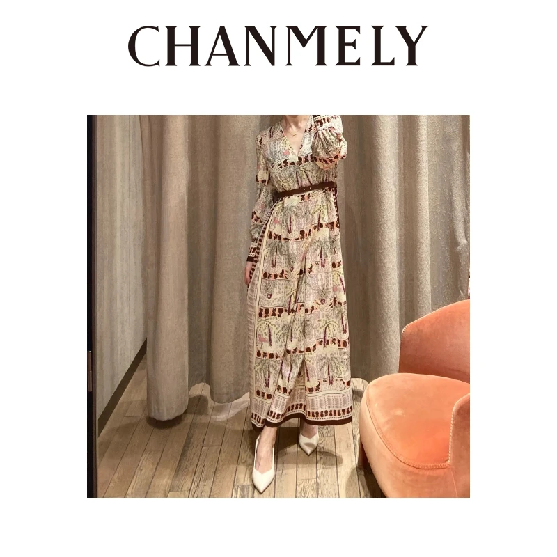 【CHANMITY】FW/24高级优雅度假风A字裙摆显瘦贵气连衣裙024519