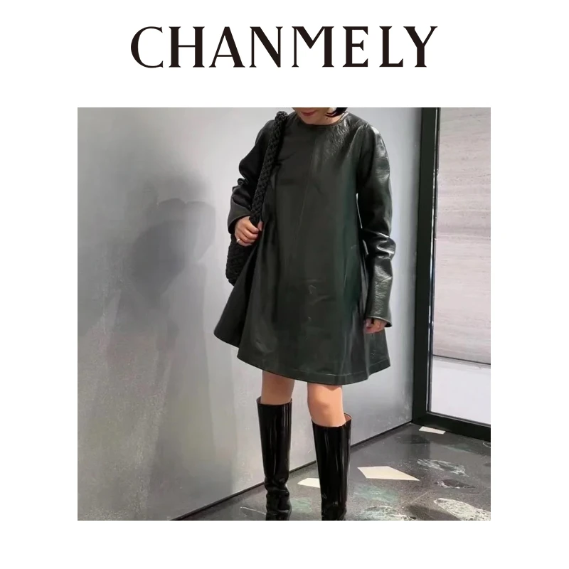 【CHANMITY】24/FW高级进口油蜡羊皮时髦减龄礼服连衣裙0241525