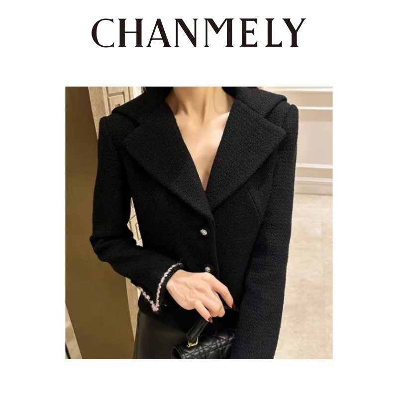 【CHANMITY】24/FW法式香风海军翻领手工粗花软呢外套0241540