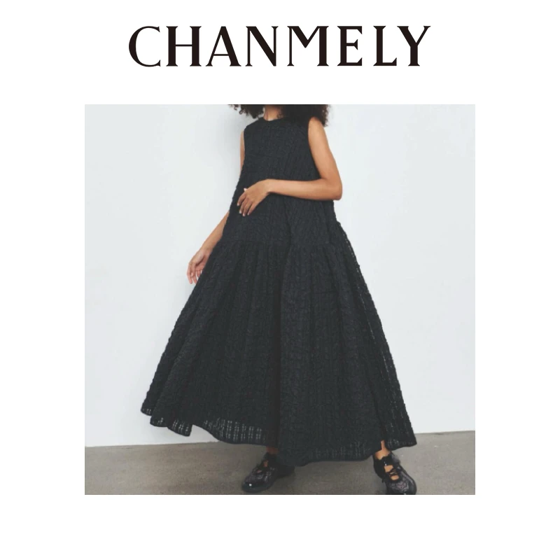 【CHANMITY】34/FW圆领立体泡泡格纹褶皱显瘦连衣裙0241097