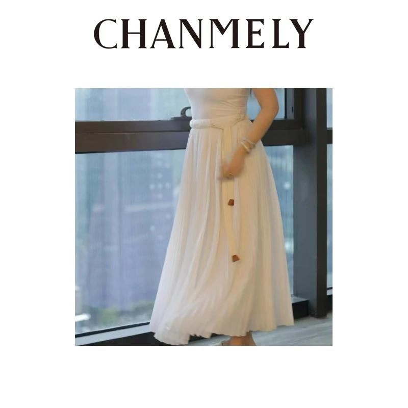 【CHANMITY】莱茵瀑布 法式茶歇度假风百褶显瘦飘带半裙 025120