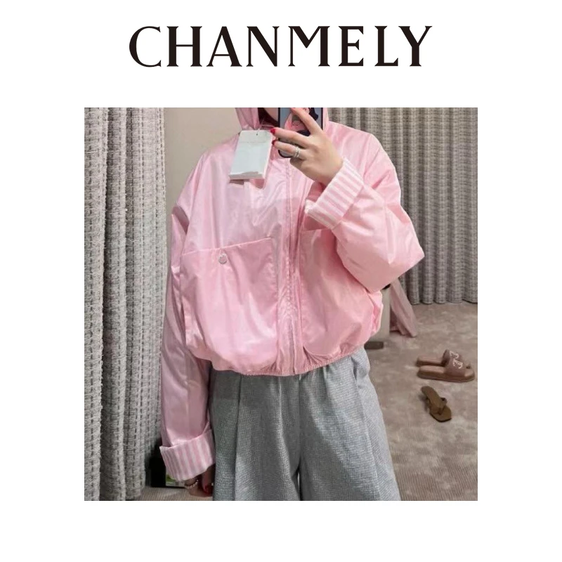 【CHANMITY】 24/度假风撞色樱花粉减龄防嗮轻薄连帽外套0241109