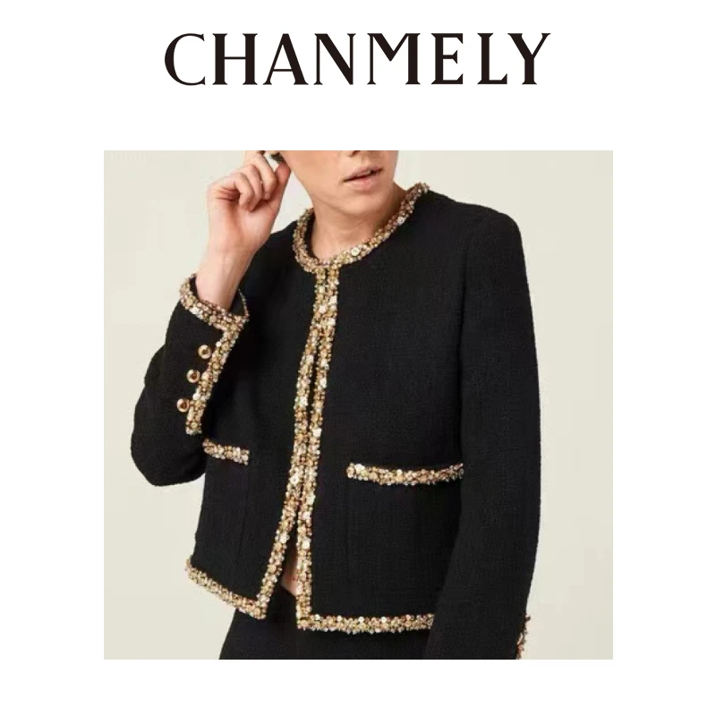 【CHANMITY】24/高级手工钉珠粗花呢显瘦外套024162