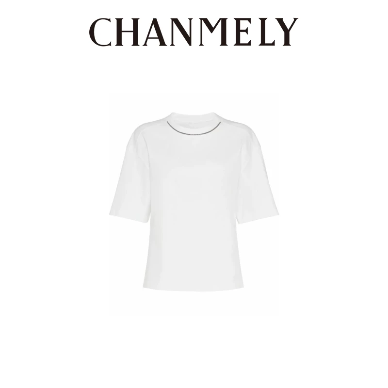 【CHANMITY】24/ss 高级珠链装饰调性百搭显瘦圆领短袖T恤024872
