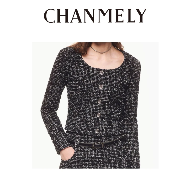 【CHANMITY】24/FW高级小香风圆领修身毛黑混编白花软呢外套0241401