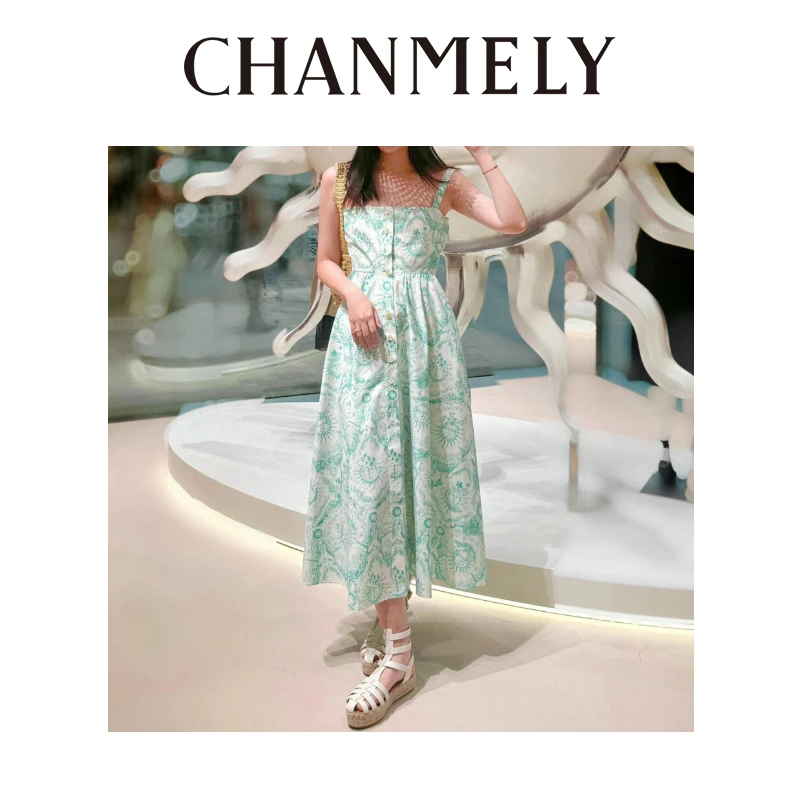 【CHANMITY】度假系列图案高腰显瘦大摆抹胸吊带连衣裙0241092