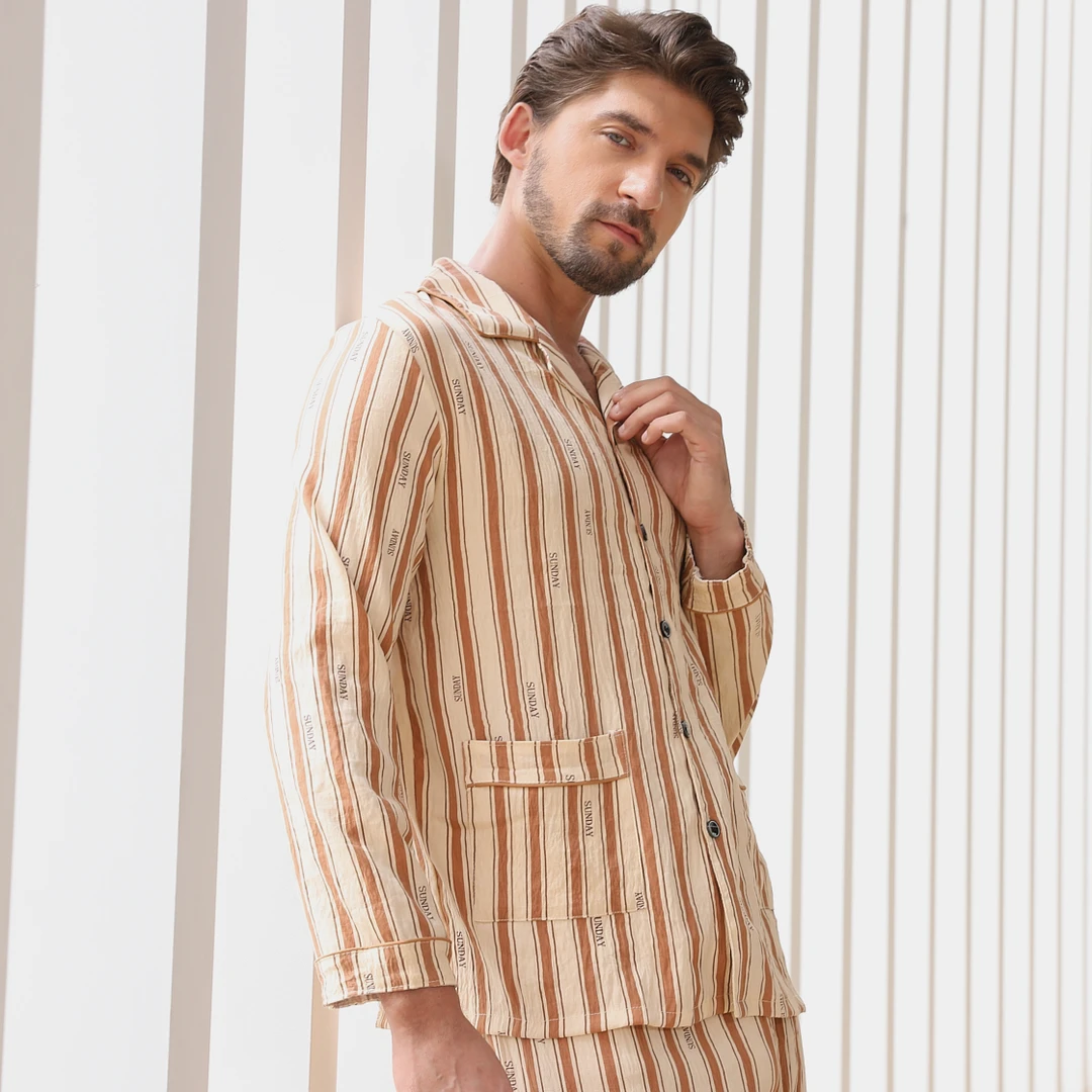 春秋季长袖长裤简约男士睡衣可外穿休闲宽松翻领套装家居服