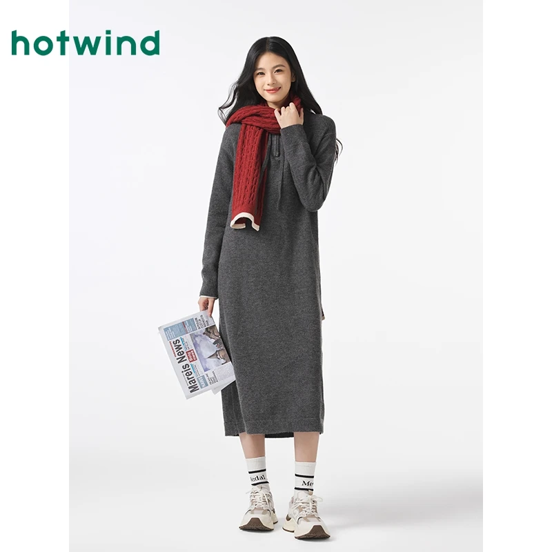 热风2024年冬季新款女士带帽针织长裙F19W4400