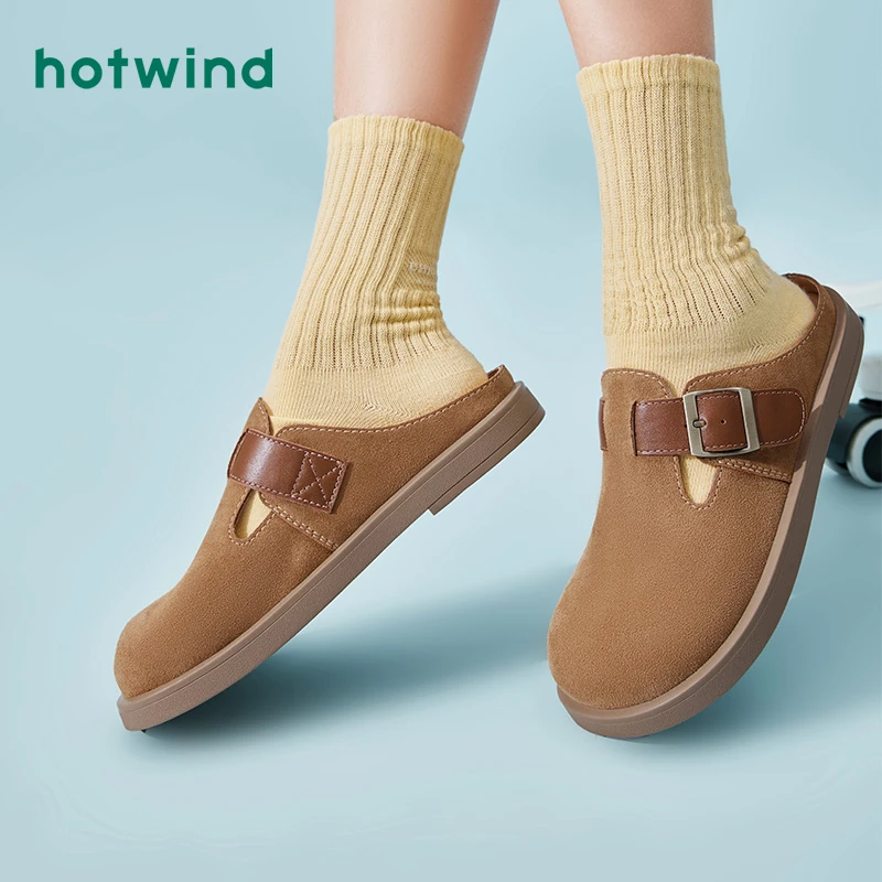 【5折】热风正品牛皮拼色勃肯拖鞋一脚蹬软底包头单鞋女H02W4145