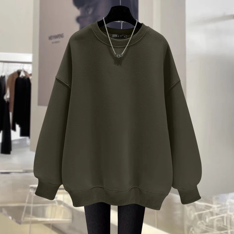 2025春秋冬季休闲慵懒风薄款潮宽松套头圆领卫衣女加绒中长款