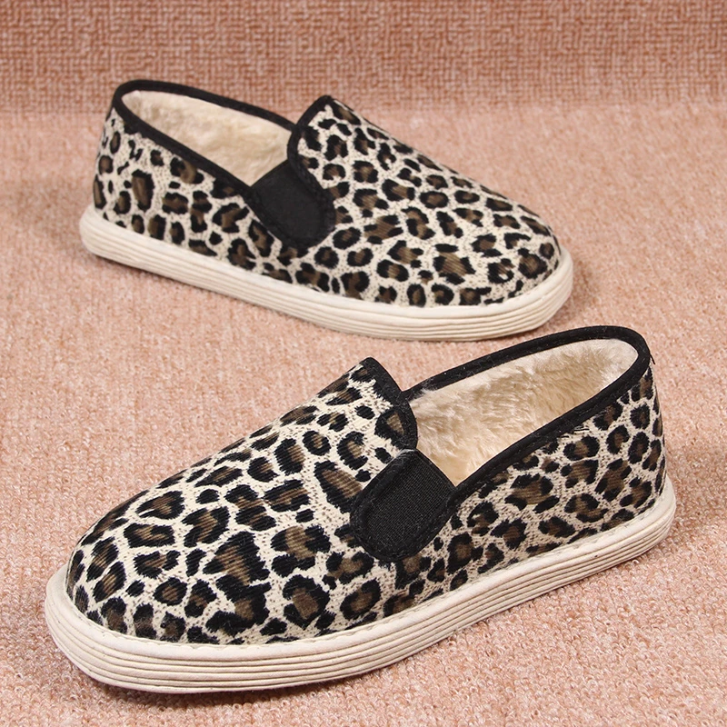 包邮老北京布鞋秋冬豹纹加绒保暖千层底二棉鞋男女居家办公开车鞋