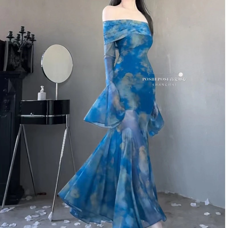 POSHEPOSE高定如心情愫·与美 步步生莲加长款连衣裙水色天兰蓝色8