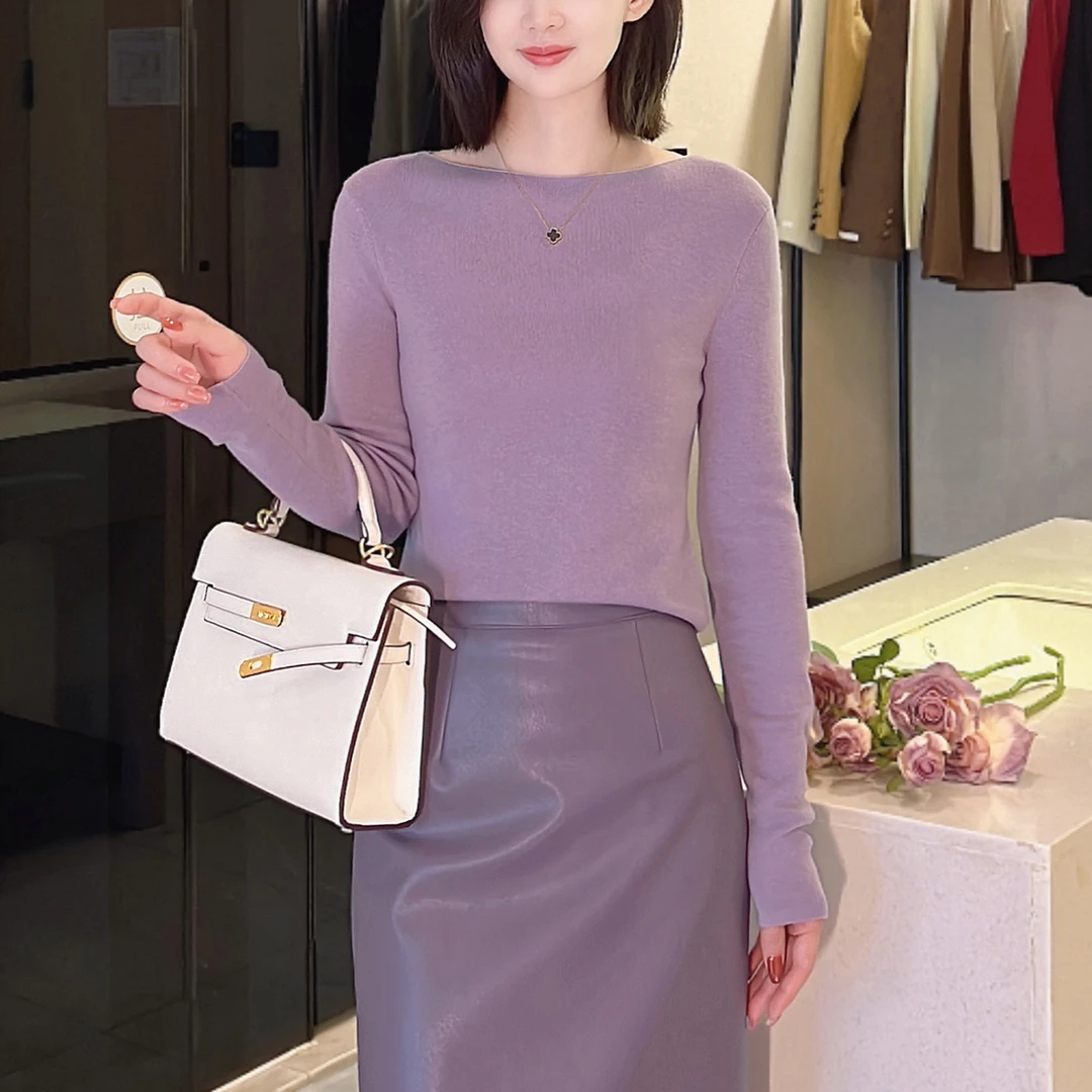 一字领打底衫长袖秋季新款2025气质毛衣显瘦百搭针织衫28173