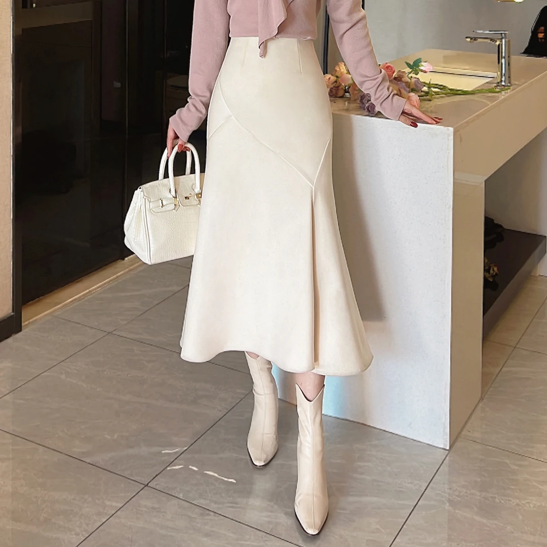 毛呢半身裙女秋冬新款高腰设计感a字长裙显瘦通勤气质鱼尾裙33593