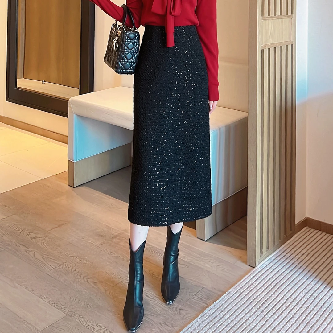 黑色小香风亮片半身裙秋冬显瘦包臀裙气质高腰气质直筒长裙3016