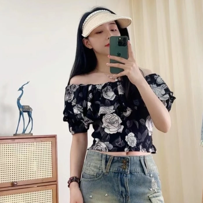 法式绝美仙女碎花短款一字肩衬衫女夏装纯欲辣妹小上衣泡泡袖衬衣