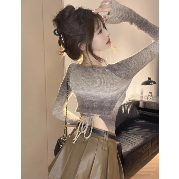 渐变色露背针织打底衫女ins秋冬短款复古t恤紧身辣妹后背系带上衣
