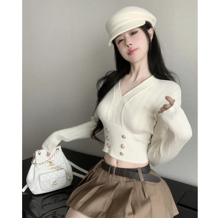 V领女士打底衫春秋款紧身内搭2023新款漂亮修身长袖短款针织上衣