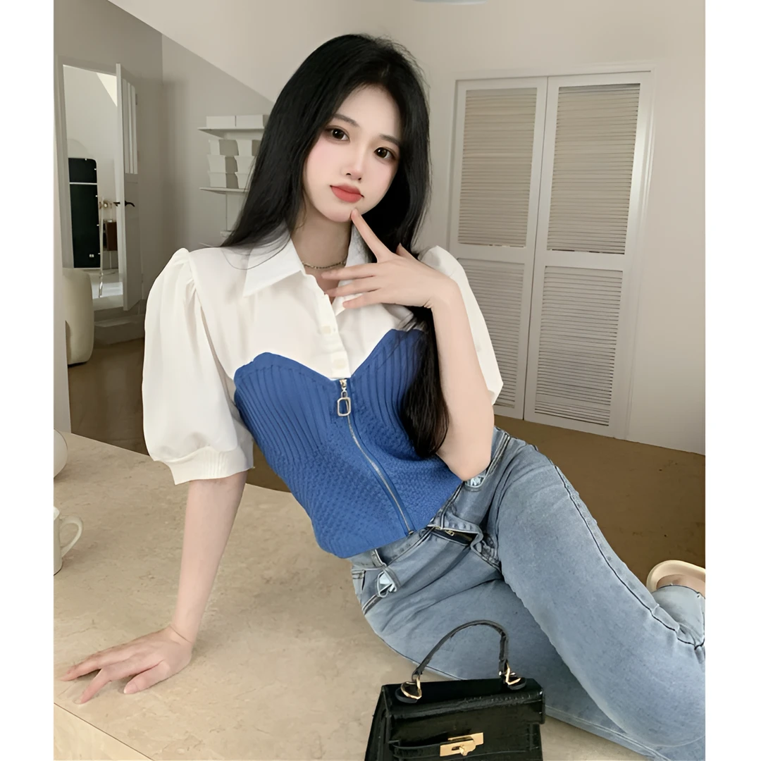Polo领拉链女衬衫短袖t恤夏季设计感小众拼接正肩短款泡泡袖上衣