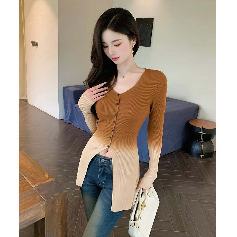 2024新款修身显瘦中长款开叉渐变针织衫女秋季修身纯欲风辣妹上衣